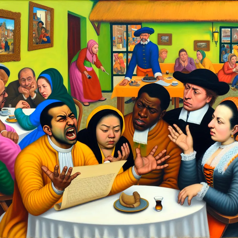 Groep mensen in een levendig café die een discussie voeren, met één persoon die gefrustreerd een document laat zien.