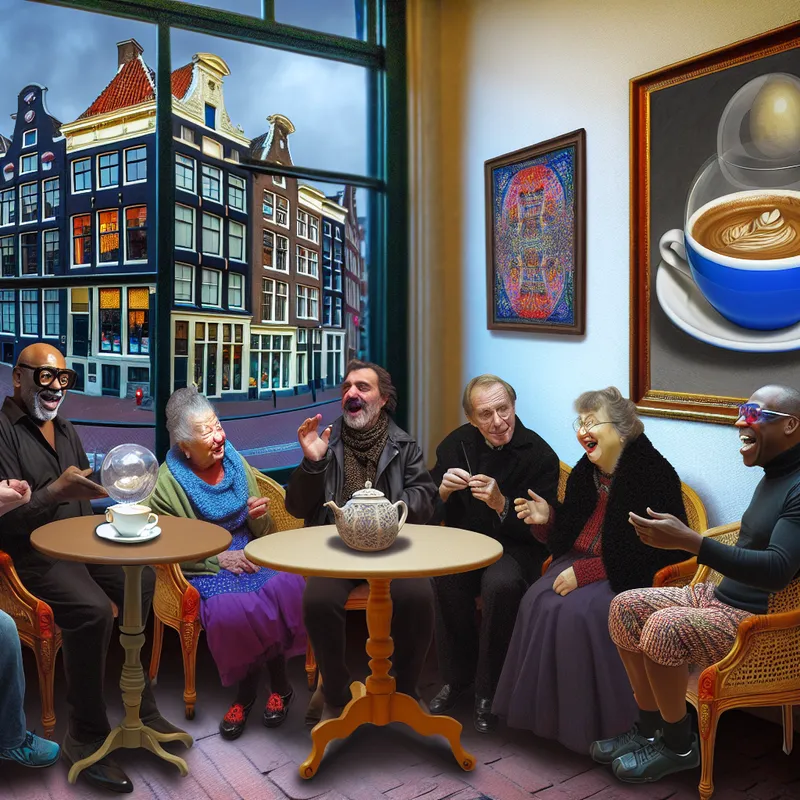 Een jongeman zit aan een ronde tafel in een café met vrienden, lachend en in gesprek, met een kleurrijk straatbeeld op de achtergrond.
