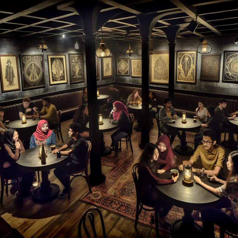 Café scène met studenten en jonge mensen die animated gesprekken voeren aan ronde tafels in een vintage omgeving