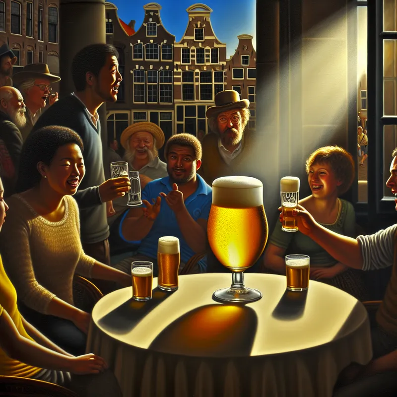 Een groep vrienden die samen een glas bier heffen op een terras in Nederland op een zonnige middag, met traditionele Nederlandse architectuur op de achtergrond.