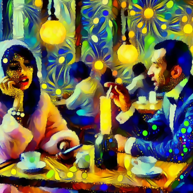 Abstracte afbeelding van twee vrienden die ontspannen in een café zitten, met levendige kleuren en dynamische vormen.