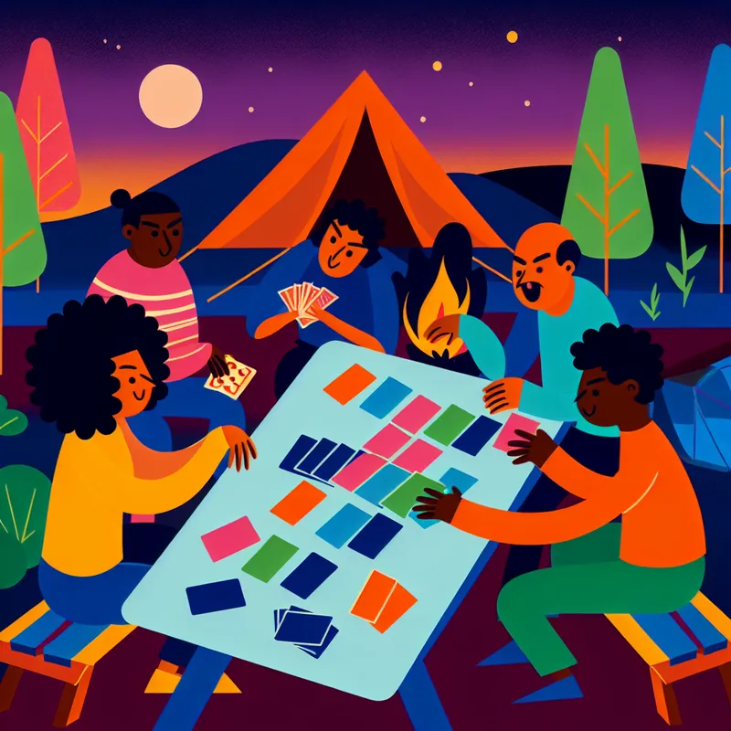 Minimalistische illustratie van vrienden en families die kaarten spelen tijdens een campingavond.