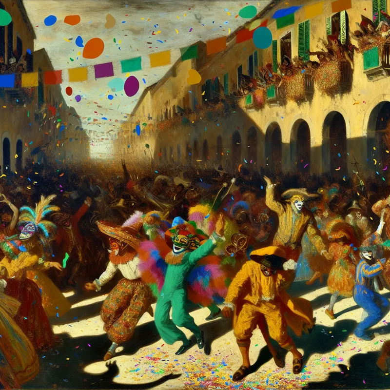Een levendig carnavalscenario met mensen in kleurrijke kostuums en maskers die dansen en lachen op straat.