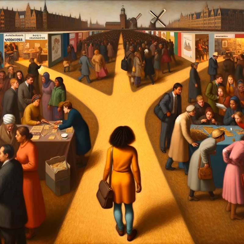 Een jonge vrouw staat op een kruispunt op een druk carrièrebeurs, overwogen tussen twee wegen: een naar een kantooromgeving en een naar creatieve workshops.