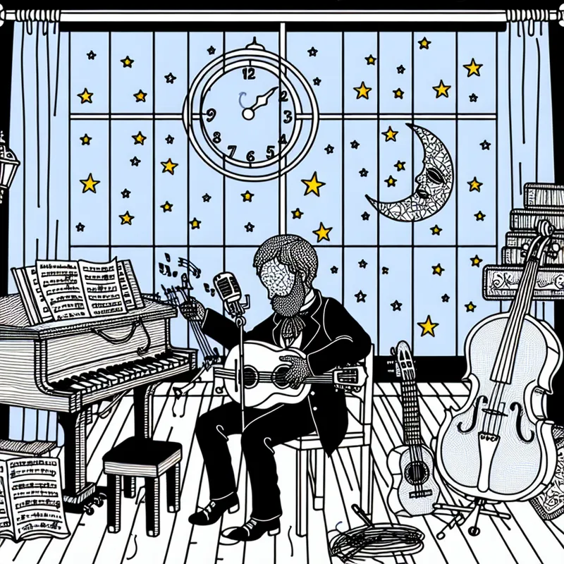 Cartoonachtige afbeelding van een muzikant die 's nachts door blijft spelen, omringd door muziekinstrumenten en bladmuziek.