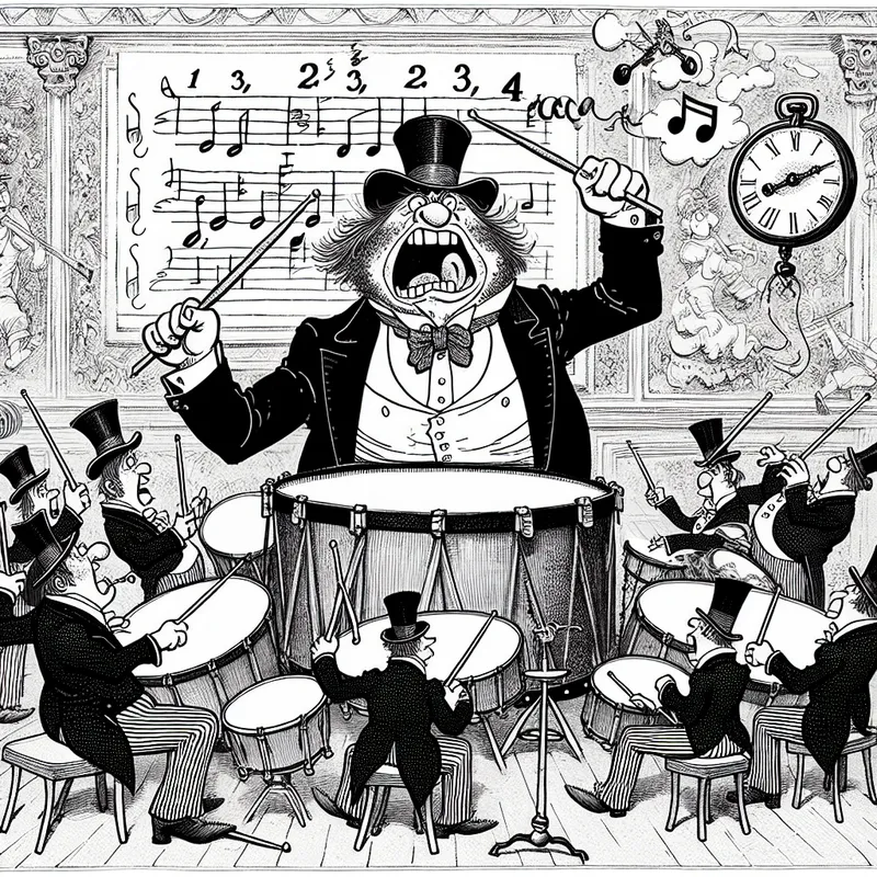 Cartoonistische bandrepetitie met drummer die de maat aangeeft, omringd door muzikanten en een zwevende maatsoort 4/4