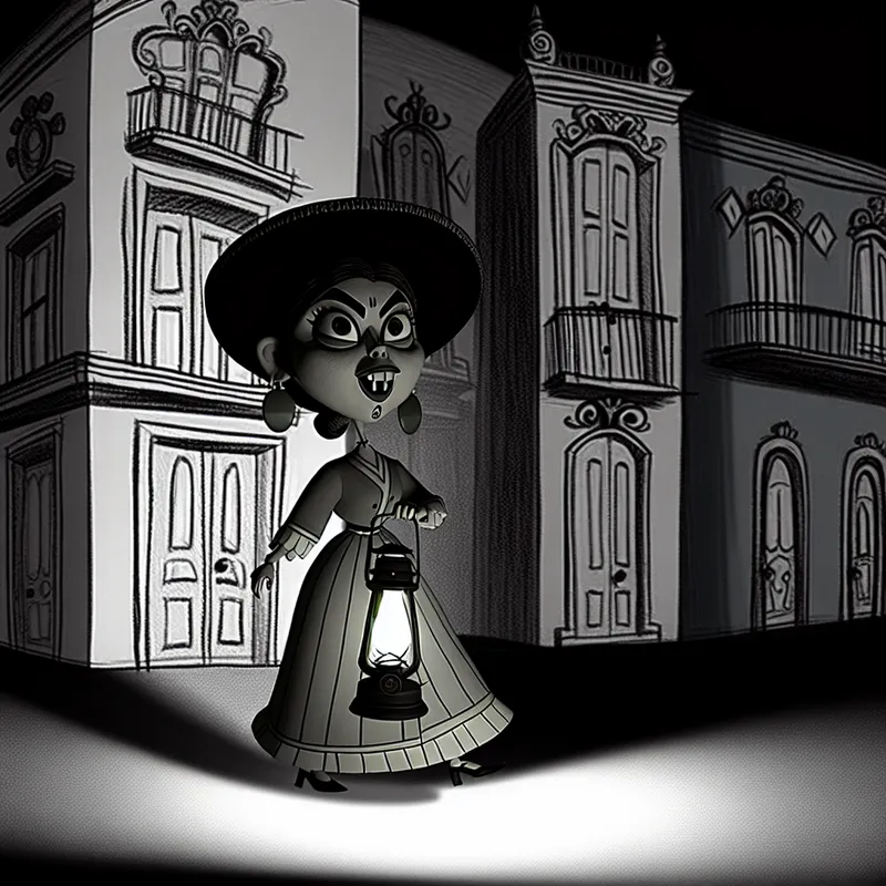 Vrolijke cartoonbewaker met lantaarn patrouilleert 's nachts bij een groot gebouw met speelse details en dramatische schaduwen