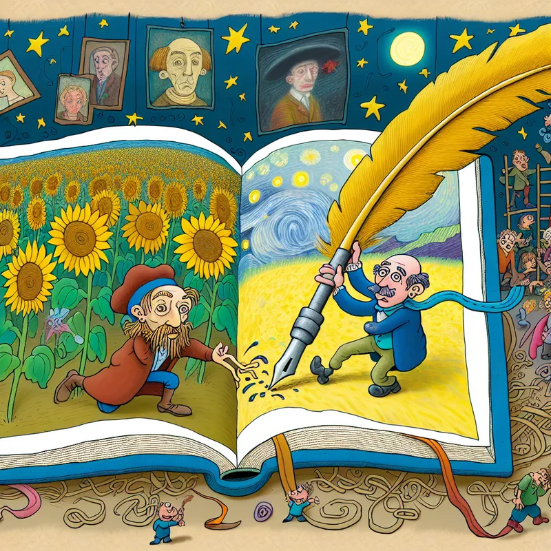Kleurrijk cartoonboek met levendige illustraties van Vincent van Goghs leven, waaronder zonnebloemen schilderen, zijn verbonden oor en een sterrennacht, gemaakt in een speelse stijl met een veer die op de pagina's schrijft