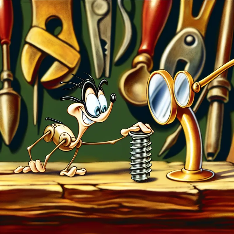 Cartoonachtige illustratie van een bril op een werkbank met een vergrootglas dat een kleine, trotse schroef benadrukt.