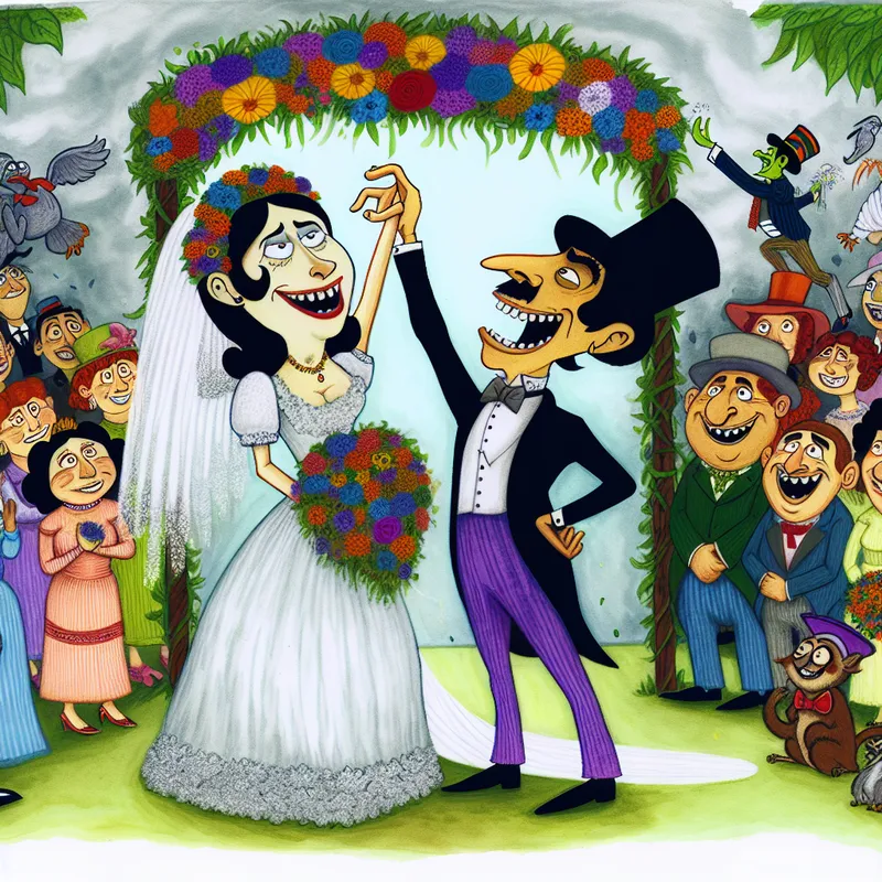 Een cartoonachtige scène van een bruiloft met bruid en groom onder een versierde boog, omringd door kleurrijke bloemen en lachende dieren als gasten.