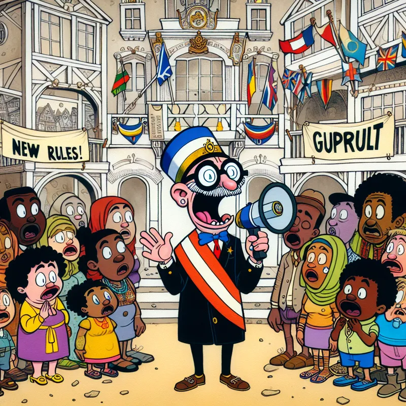Vrolijke cartoonillustratie van een krantenstand met een burgemeester die een officiële aankondiging doet.