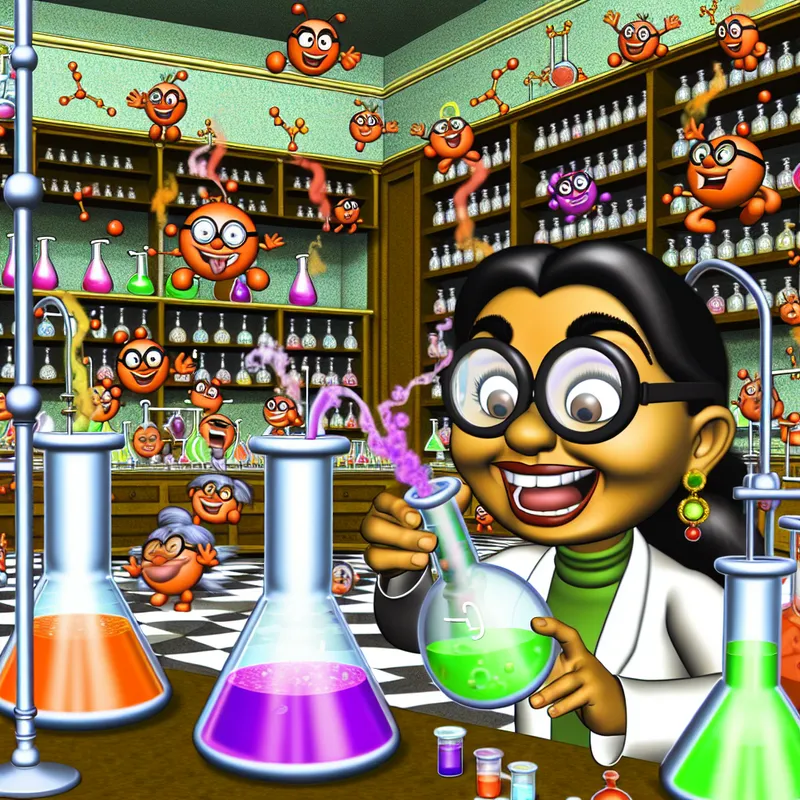 Een cartoonachtige chemicus in een laboratorium mengt kleurrijke vloeistoffen in kolven terwijl speelse moleculen met elkaar interageren.
