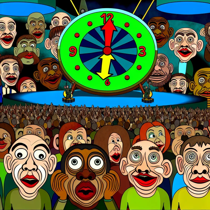 Cartoon van een concert dat op het punt staat te beginnen met een grote klok die zeven uur slaat