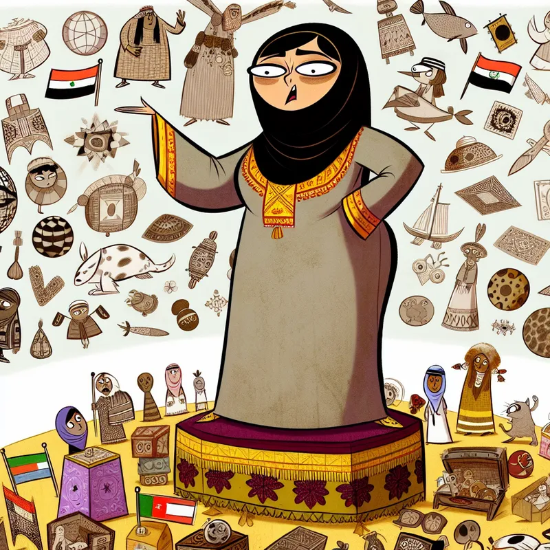 Een cartoonfiguur staat trots op een voetstuk in traditionele kledij, wijst minachtend naar culturele artefacten van andere culturen.