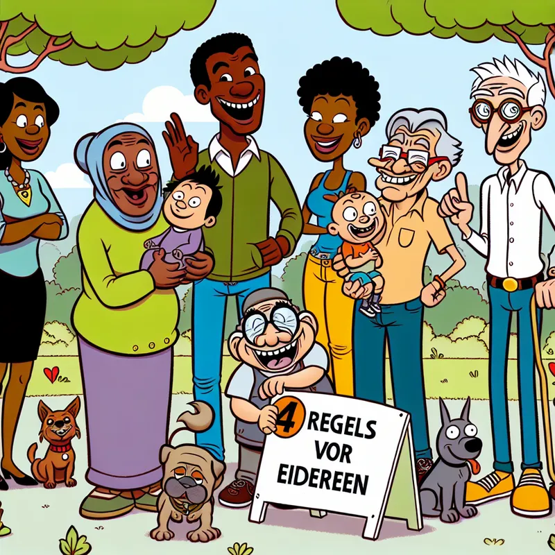 Een speelse cartoonafbeelding van diverse personages die samenkomen rond een groot bord met de tekst 'Regels voor Iedereen', onder leiding van een wijze uil met een bril.