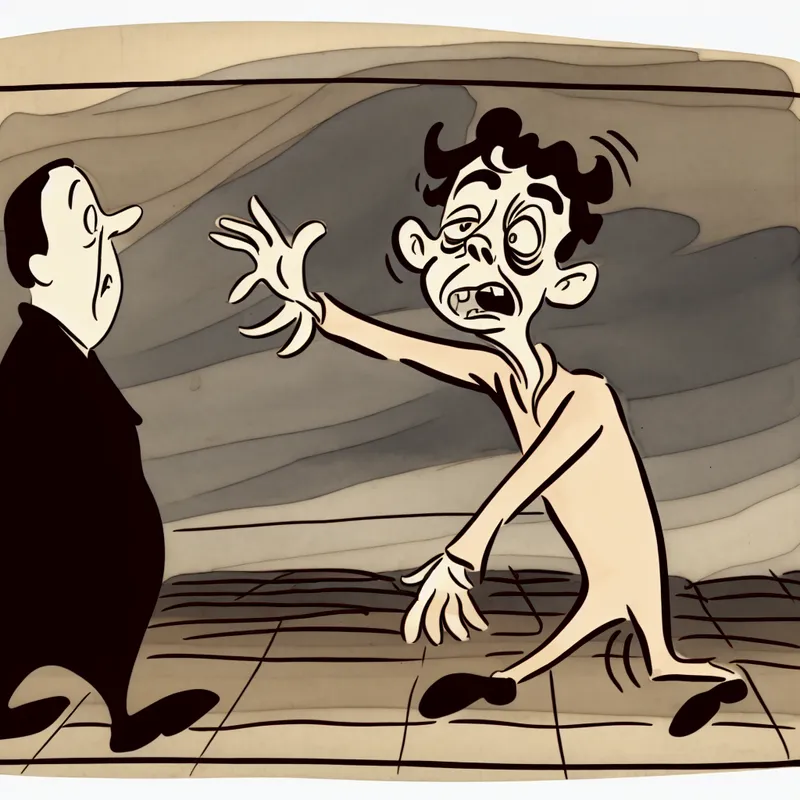 Cartoonfiguur met gefrustreerde gezichtsuitdrukking en opgestoken handen, ergernis uitdrukkend in een humoristische scène