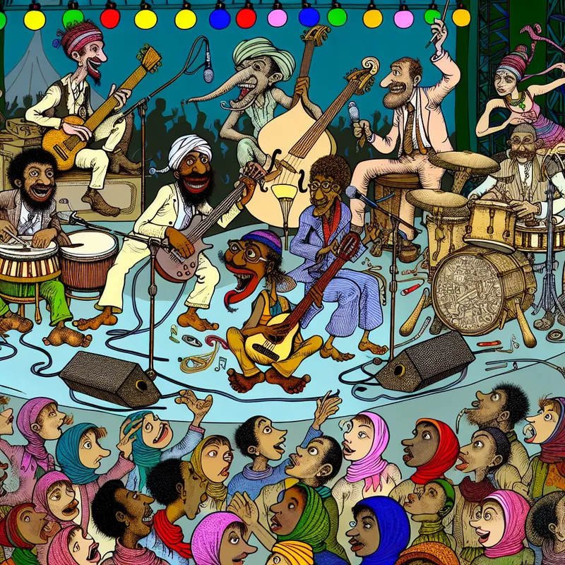 Kleurrijke cartoonband die vrolijk muziek maakt op een festivalpodium met dansend publiek