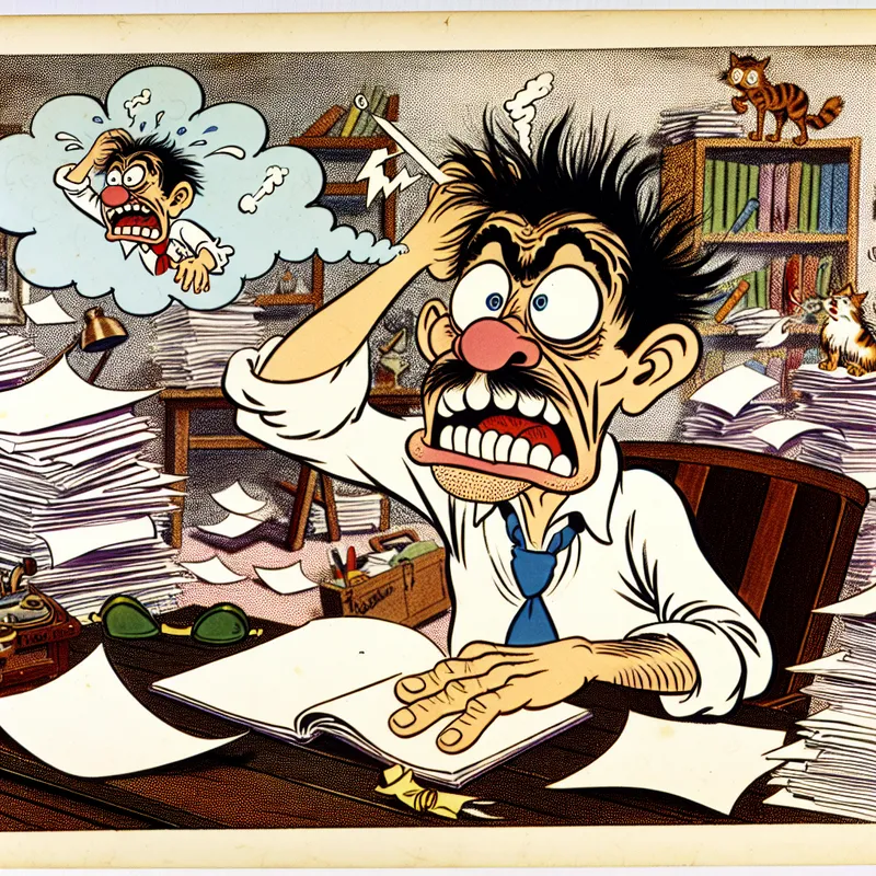 Cartoon van gefrustreerde man aan rommelig bureau met kat