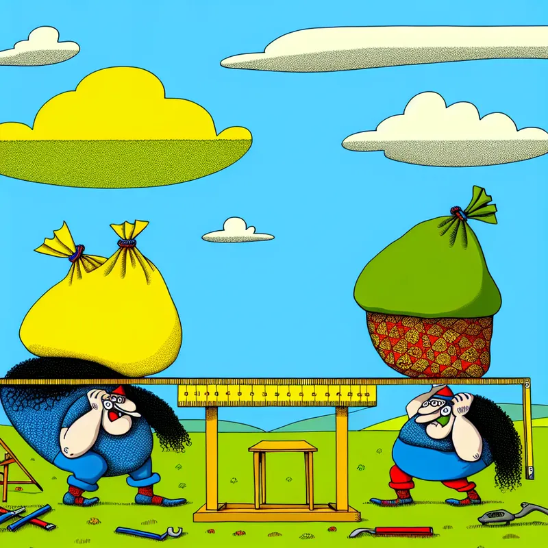 Speelse cartoonillustratie van twee personages die elk een zware tas optillen in een grasveld, met een meetlint op de grond dat de gelijkheid in hoogte toont.