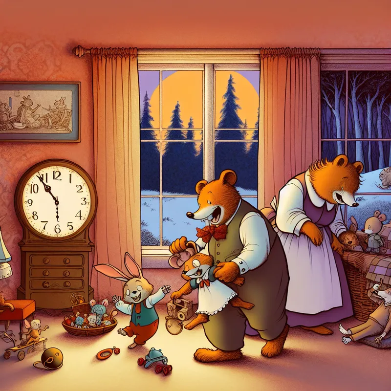 Een cartoonachtige scène met een familie van antropomorfe dieren in een gezellige woonkamer, waar een konijn en een beer hun kinderen, een vos en een egeltje, aansteken om zich klaar te maken om weg te gaan.