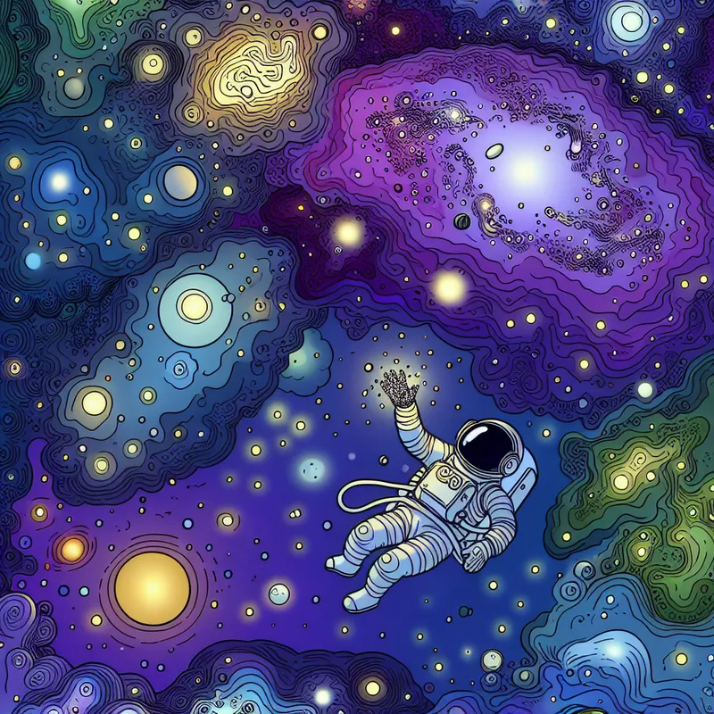 Kleine astronaut zwevend in een kleurrijk cartoonheelal met sterrenstelsels, planeten en een gloeiende nevel, geïnspireerd op Marten Toonder