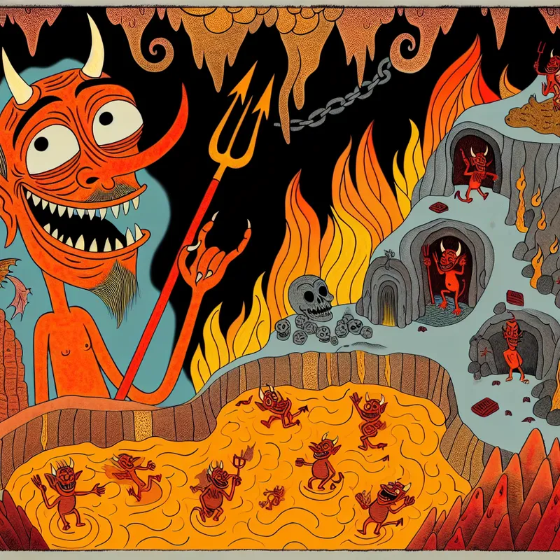Grappige cartoonvoorstelling van de hel met duivels en zondaars in een vurige onderwereld, geïnspireerd op Marten Toonder