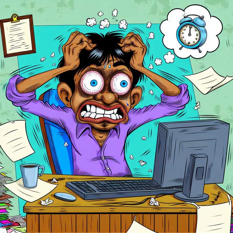 Een cartoonafbeelding van een persoon achter een computer, met een hand op zijn hoofd vanwege een plotselinge hoofdpijn, in een rommelige werkruimte vol notities en koffiemokken.