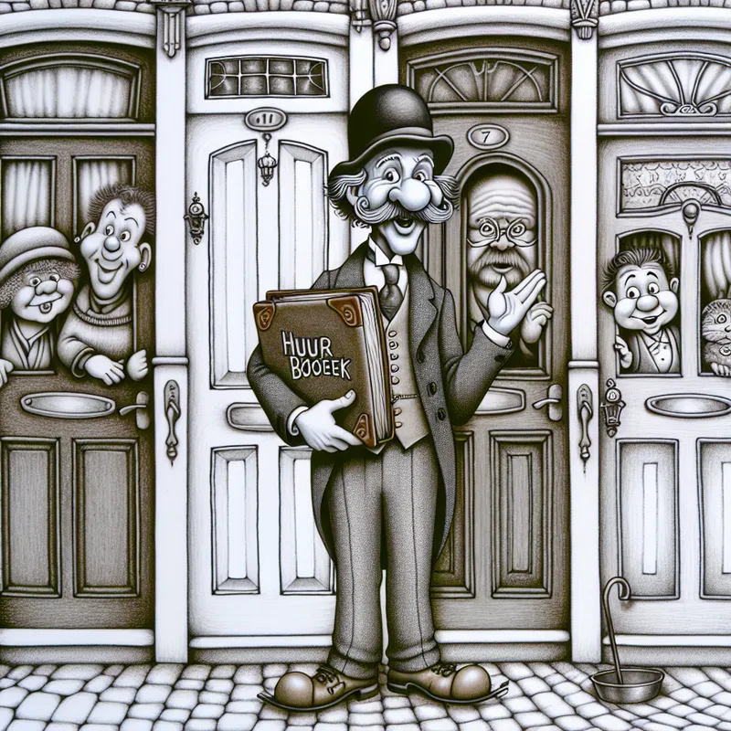 Cartoon van huisbaas in Marten Toonder-stijl met huurboek