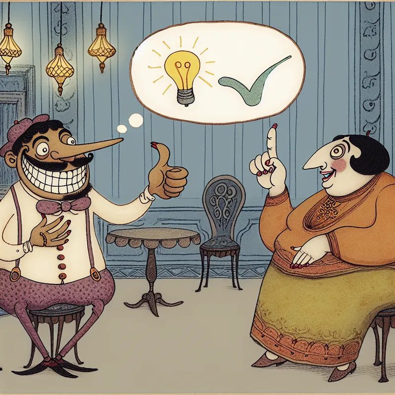 Twee cartoonfiguren in gesprek, eentje geeft een duim omhoog en de ander wijst naar een lichtbol in een gedachtewolk als teken van instemming