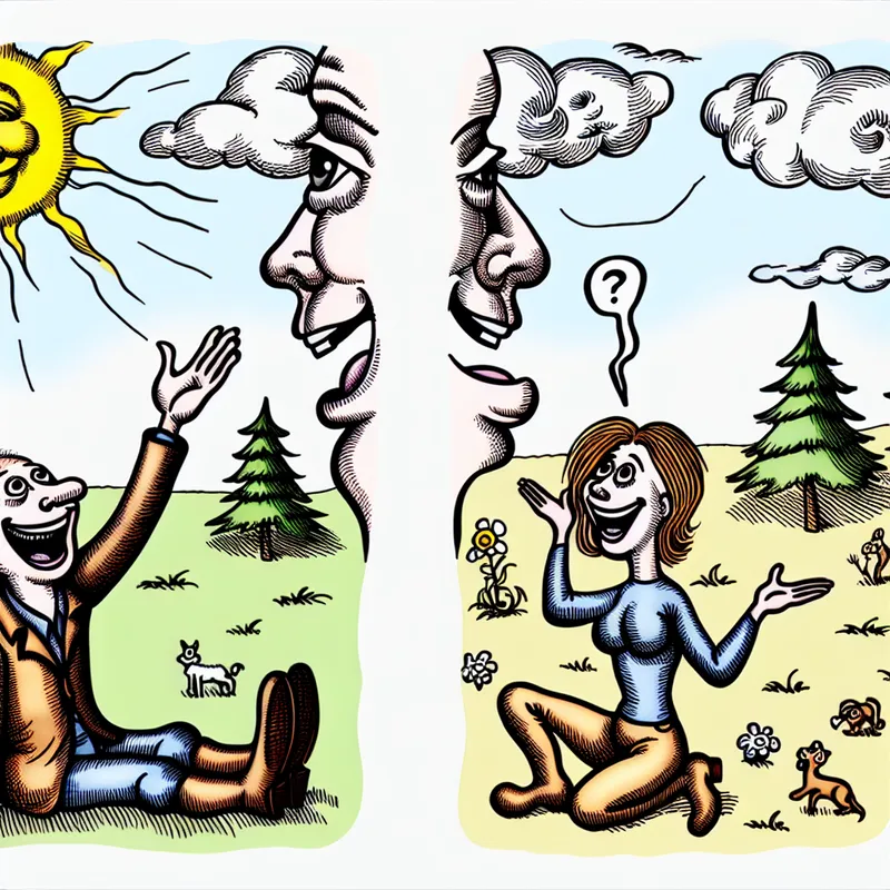 Twee vrolijke cartoonfiguren tonen instemming in een zonnige buitenomgeving met groene bomen en een heldere lucht