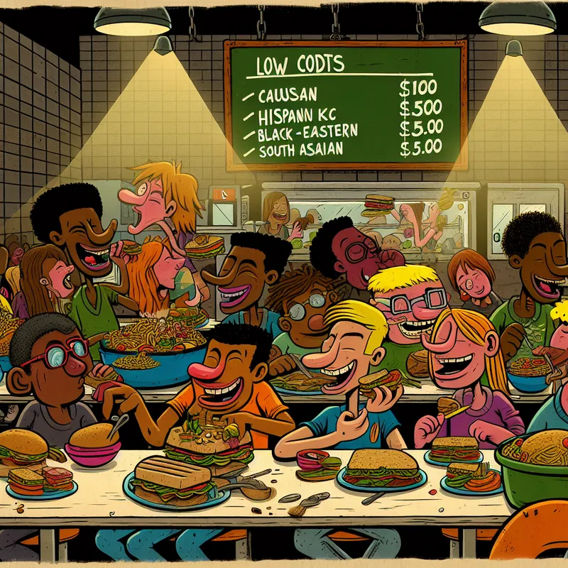 Cartoonillustratie van een levendige kantine met studenten die genieten van kleurrijke, goedkope maaltijden.