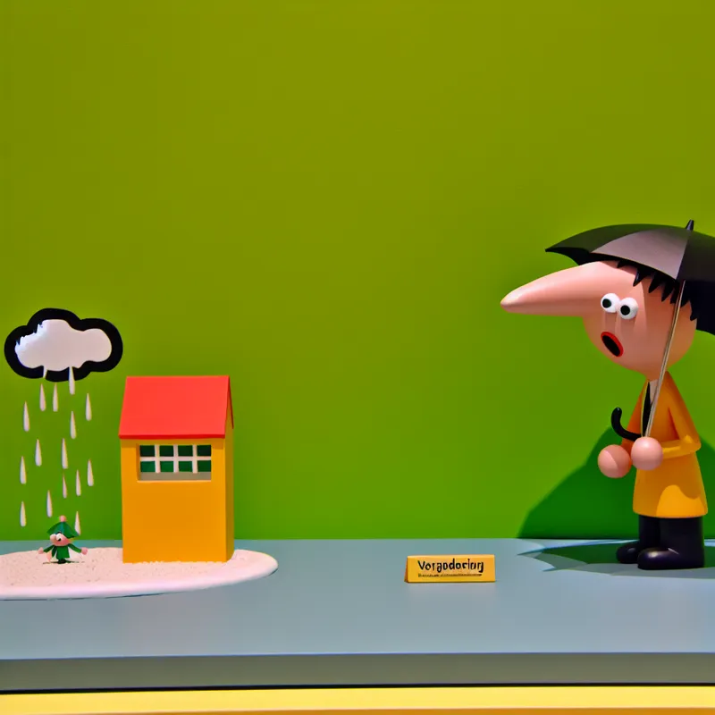Cartoonachtig karakter met een verraste expressie naast een minuscule wolk die enkele druppels laat vallen boven een klein gebouwtje gelabeld 'vergadering'