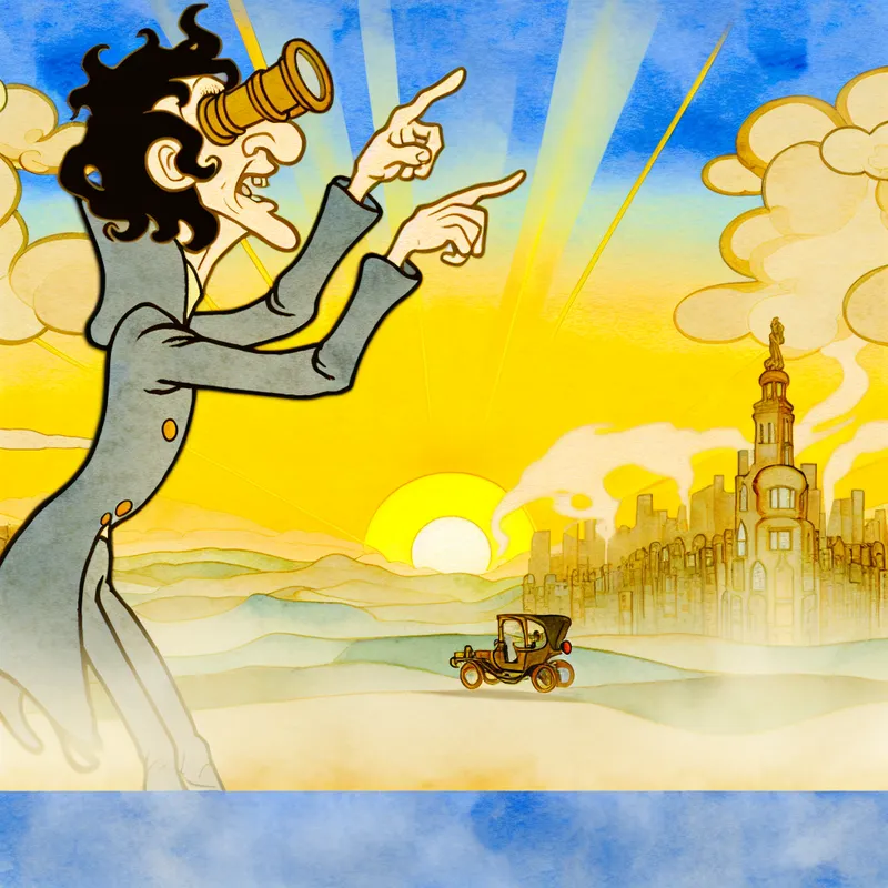 Een karikaturaal personage met overdreven kenmerken wijst naar een levendige stadsgezichten bij zonsopgang.