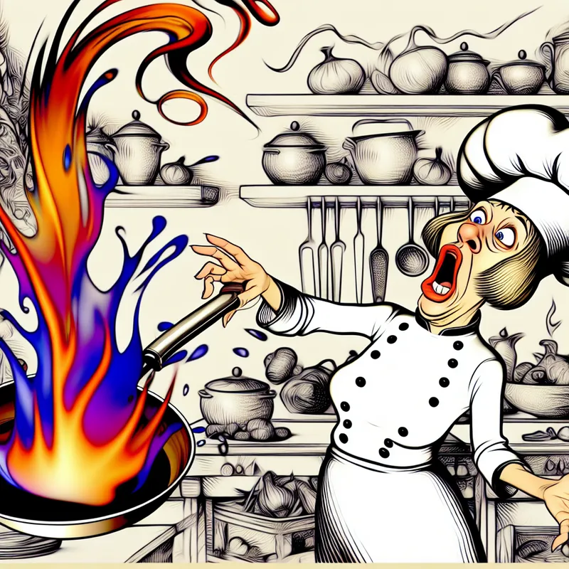 Een cartoonachtige keuken met een verraste chef die reageert op een steekvlam uit een pan.