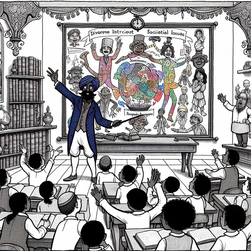 Een cartoonachtige klaslokaal scène met een professor die een kleurrijke poster over sociale kwesties bespreekt, terwijl geïnteresseerde studenten hun handen opsteken en aantekeningen maken.