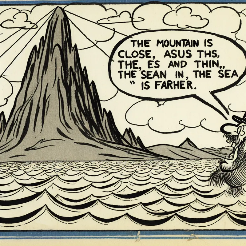 Cartoonesk landschap met een hoge berg en een oceaan, met labels 'Die berg is ver' en 'de zee is verder' om de afstand te vergelijken.