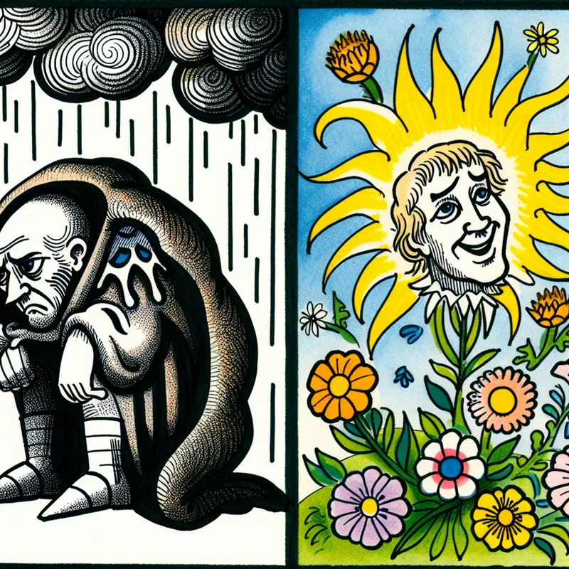 Een cartoon beeld met twee contrasterende personages die verschillen in levenssituaties: een somber personage met een zwaar lot omringd door donkere wolken en regen, en een vrolijk personage met moed en kracht in een zonnige omgeving vol bloemen.