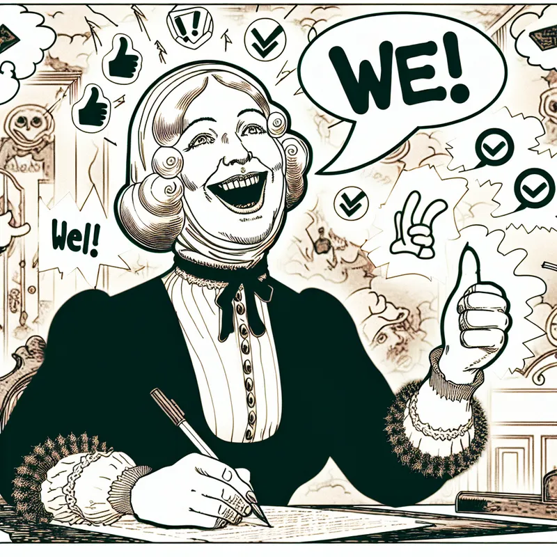 Cartoon vrouw aan bureau vol affirmaties en symbolen