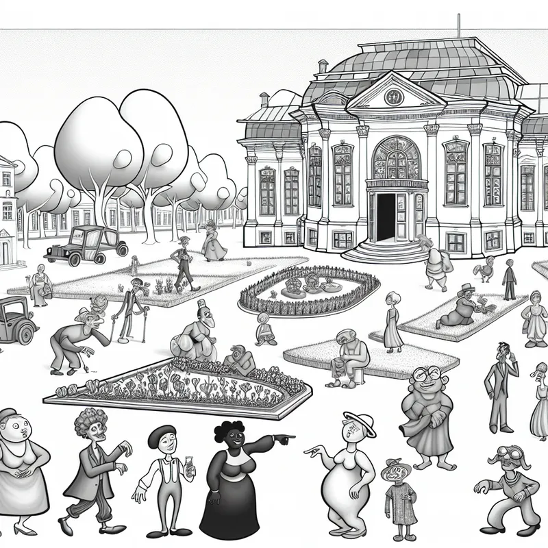 Een speelse cartoonachtige afbeelding van een groep mensen die vrolijk om een groot, kleurrijk gebouw lopen, met verschillende emoties en bewegingen.