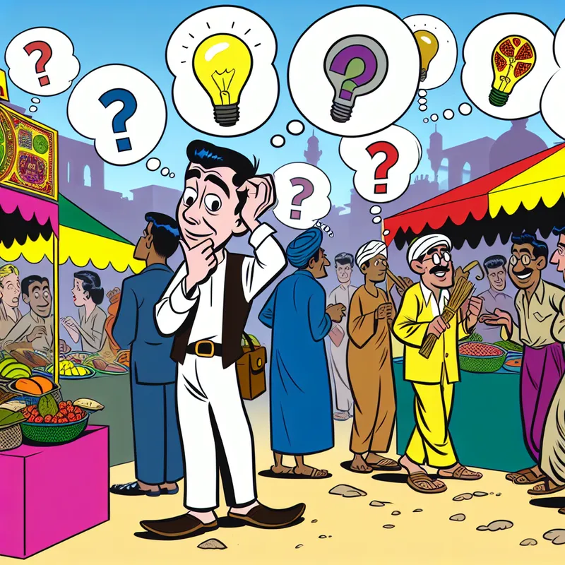 Een cartoonachtige scène van een nadenkende karakter in een kleurrijke, drukke markt.