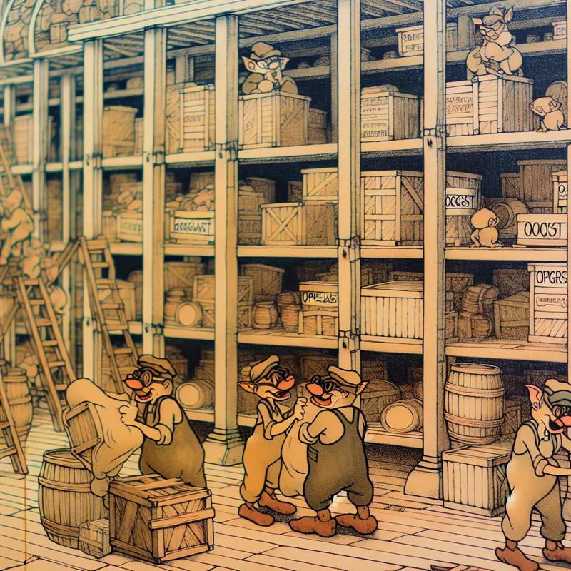 Kleurrijke cartoonopslagplaats met dieren in overalls die oogstgoederen zoals kratten, vaten en zakken met het label 'oogst' organiseren en stapelen