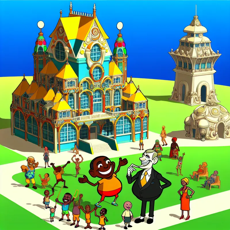 Cartoonachtige weergave van een overheidsgebouw met een vrolijke staatsambtenaar die interactie heeft met blije burgers in een park.