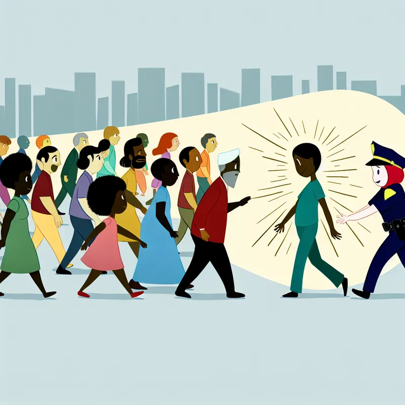 Een minimalistische afbeelding van een kleurrijke menigte van cartoonachtige mensen die opzij wijken voor een vriendelijke politieagent in een stedelijke omgeving met heldere kleuren.