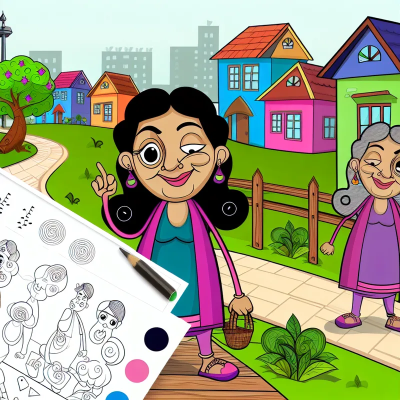 Een cartoonachtig personage dat glimlachend een vertrouwde route naar het werk wandelt, omgeven door speelse bomen en kleurrijke huizen.