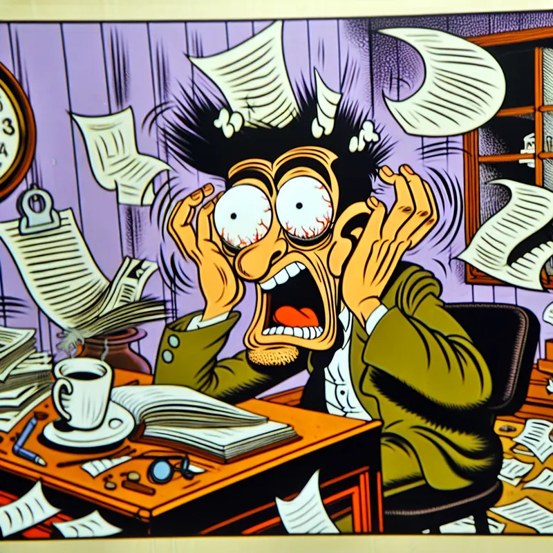 Een karikaturaal persoon met grote ogen, die gefrustreerd aan een rommelig bureau zit met een hoofd vol pijn.