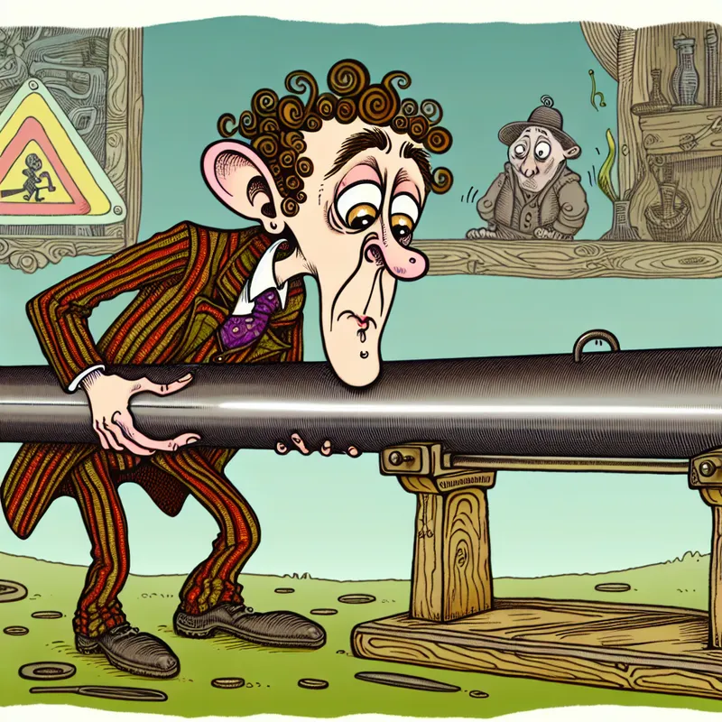 Een cartoonachtige scène met een persoon die kritisch naar een lange, zware geweerloop kijkt, met een expressieve gezichtsuitdrukking.