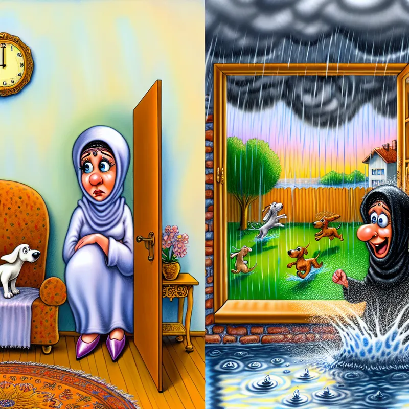 Een cartoonachtige afbeelding met een persoon die bezorgd naar buiten kijkt vanuit een gezellig huis, terwijl zijn hond speels in plassen springt.