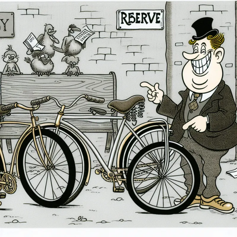 Cartoon van een man bij twee fietsen met een bord 'Reserve', in een drukke stad.