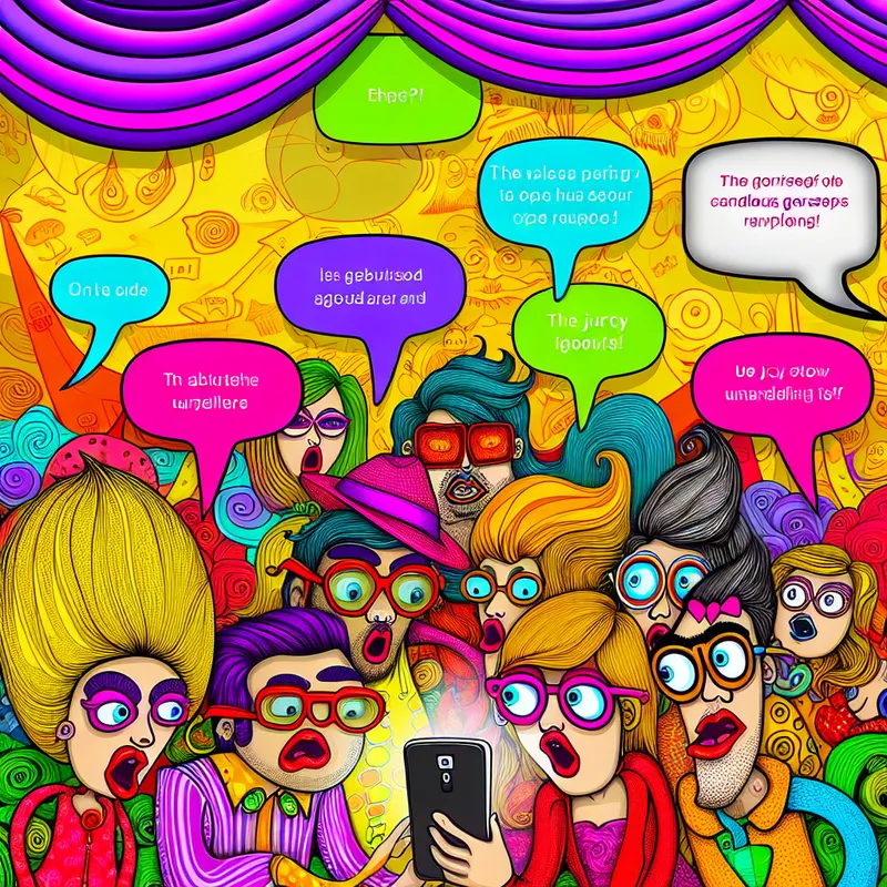 Een cartoonachtige scène van diverse personages die rondom een smartphone staan en expressies van verbazing en nieuwsgierigheid tonen, met spraakballonnen vol roddels.