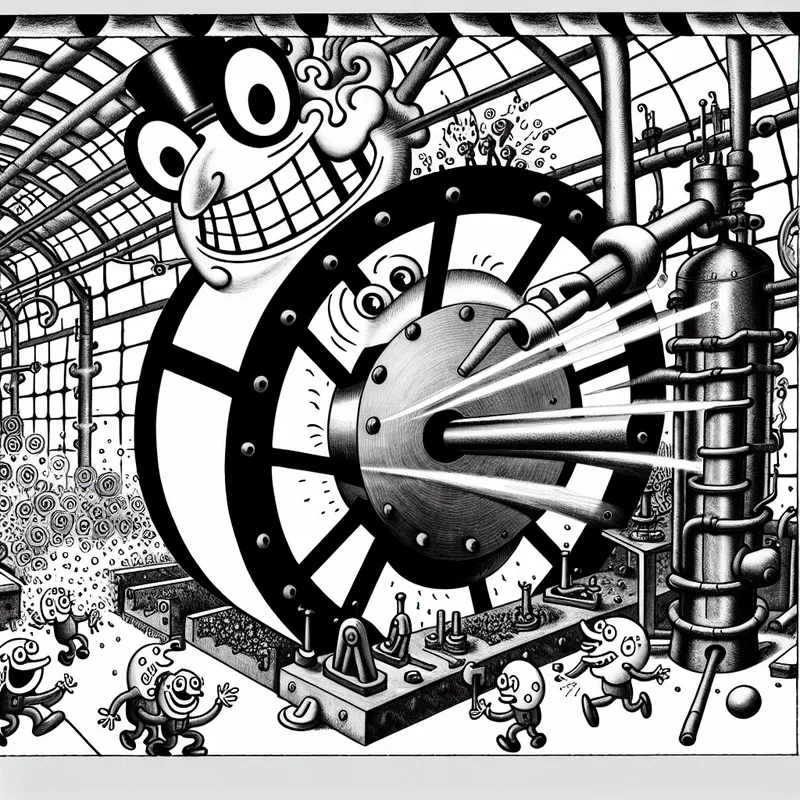 Vrolijke industriële snijmachine met expressief gezicht die metaalplaten snijdt met vonken in een cartoonfabriek